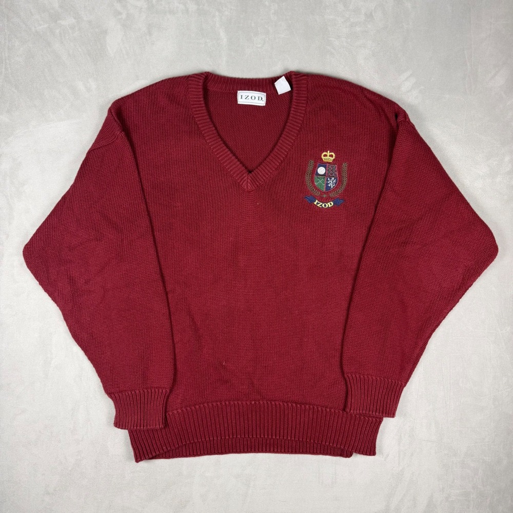 90s Mens IZOD Crest V-Neck Sweater Preppy Collegiate Burgundy Large